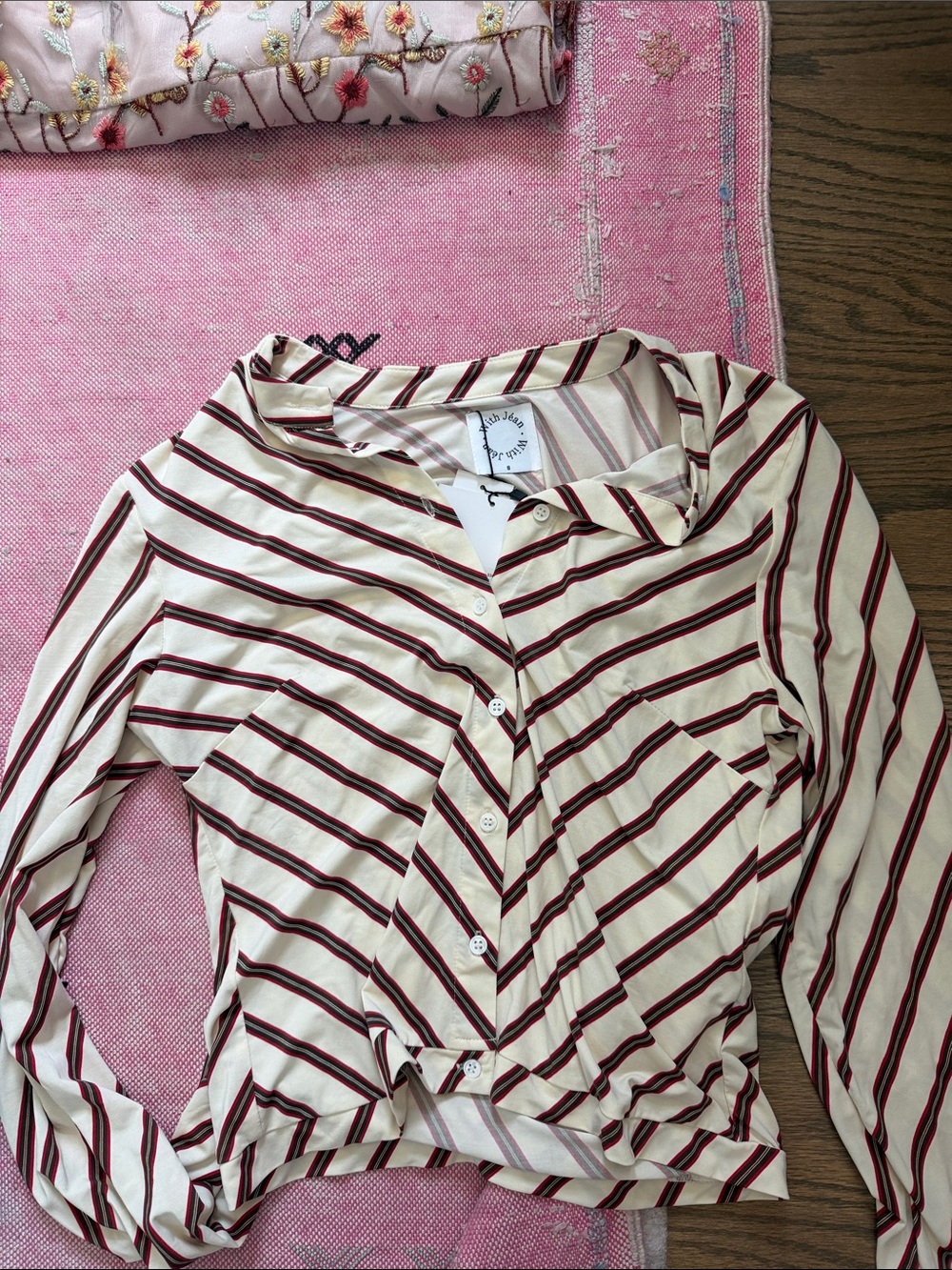With Jean Cream Button-Down Shirt with Burgundy Stripes